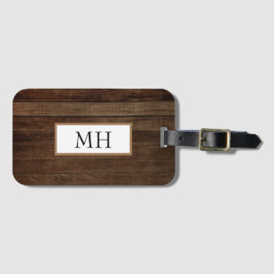 Etiqueta De Bagagem Design de madeira castanha escura Monograma
