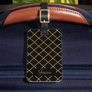 Etiqueta De Bagagem Diamante Preto e Dourado Moderno