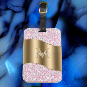 Etiqueta De Bagagem Diamantes Glam em Rosa, Monograma Dourado, Nome em
