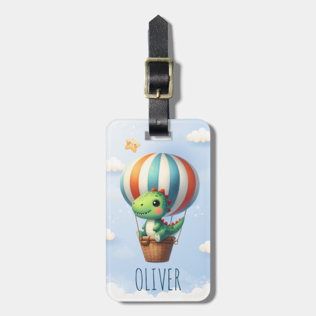Etiqueta De Bagagem Dino Verde-Fofo leva voo num balão de ar quente (Frente Vertical)