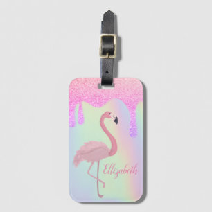 Etiqueta De Bagagem Doce Trendy Holographic, Flamingo Rosa