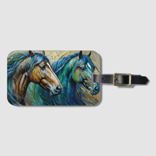 Etiqueta De Bagagem Dois Cavalos Azul Tear, castanho