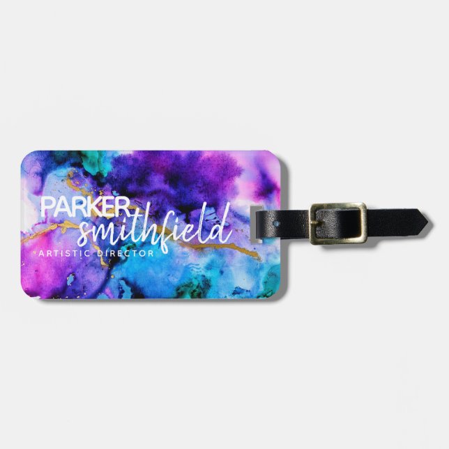 Etiqueta De Bagagem  Dourado Azul Púrpura Aquarela (Frente Horizontal)