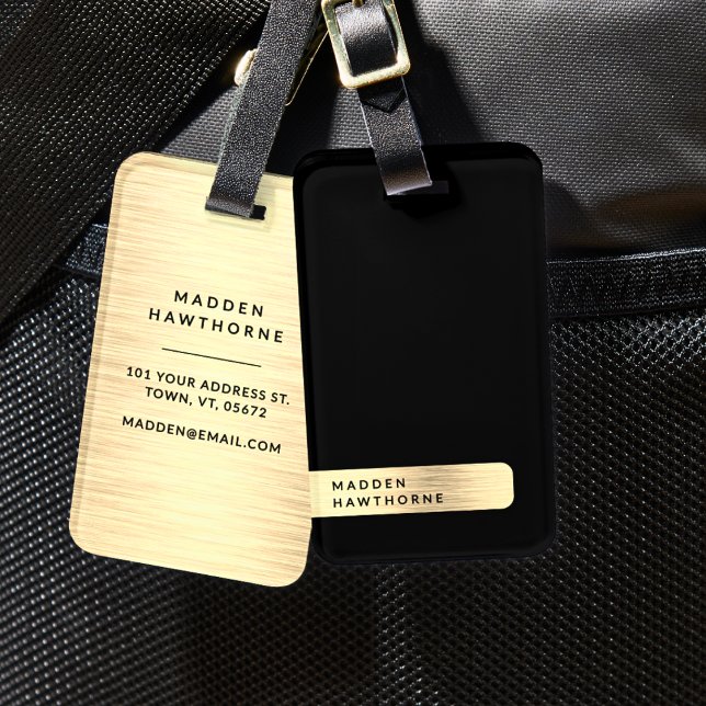 Etiqueta De Bagagem Dourado preto, moderno elegante, metal simples esc (Criador carregado)