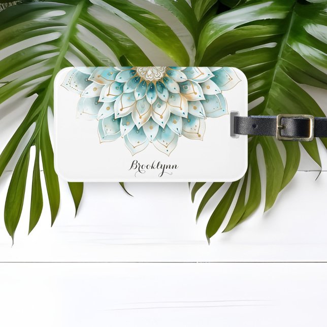 Etiqueta De Bagagem Dourado Teal Floral Mandala Personalizado (Criador carregado)