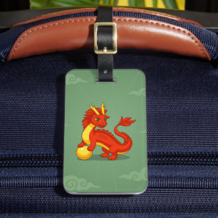 Etiqueta De Bagagem Dragão Chinês Vermelho sobre Verde