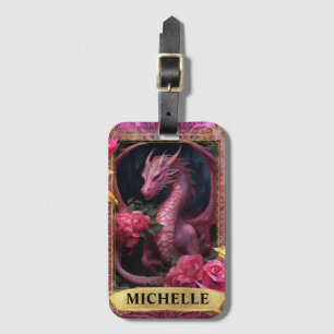 Etiqueta De Bagagem Dragão Romântico Fuchsia e Rosas Fantasia