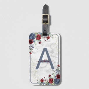 Etiqueta De Bagagem Dusty Blue Burgundy Floral Marble Name Monograma
