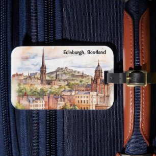 Etiqueta De Bagagem Edimburgo Vista da Cidade Escócia Aquarela Viagem