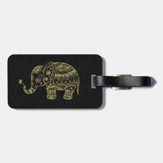 Etiqueta De Bagagem Elefante Floral Dourado e Verde (Traseira Horizontal)