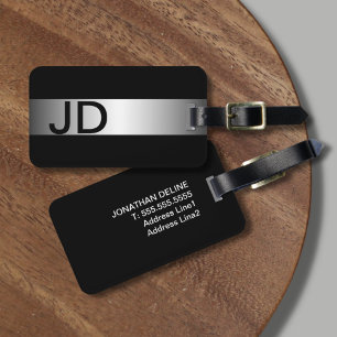 Etiqueta De Bagagem Elegan Black Faux Silver Bold Monograma