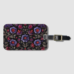 Etiqueta De Bagagem Elegância Escura: Padrão Floral Preto e Roxo