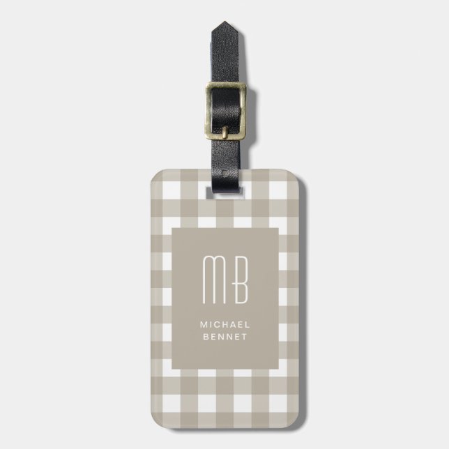 Etiqueta De Bagagem Elegant Beige Gingham Monogram (Frente Vertical)