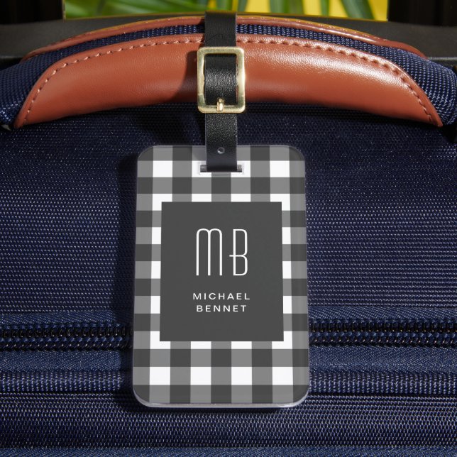 Etiqueta De Bagagem Elegant Gingham Monogram (Frente Insitu 2)