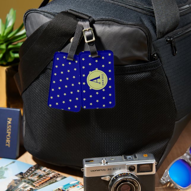 Etiqueta De Bagagem Elegant Gold & Blue Star Pattern Monogram (Frente e verso)