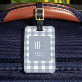 Etiqueta De Bagagem Elegant Gray Blue Gingham Monogram