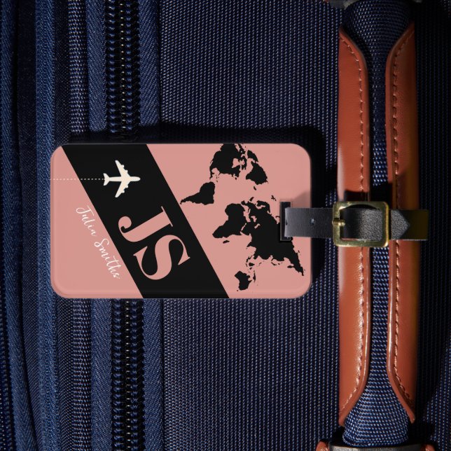 Etiqueta De Bagagem Elegant & Modern Dusty Rose Airplane Travel (Frente Insitu 4)
