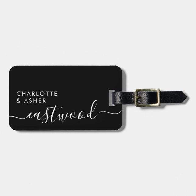 Etiqueta De Bagagem Elegant White On Black Monogram Script Name (Frente Horizontal)