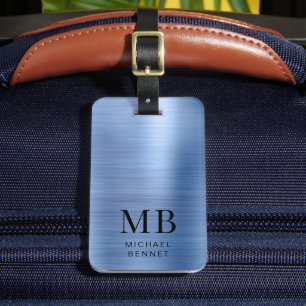 Etiqueta De Bagagem Elegante Azul Brutado Metais Monograma