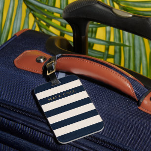 Etiqueta De Bagagem Elegante Azul Marinho & Listras de Creme Personali