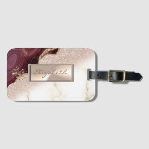 Etiqueta De Bagagem Elegante Bokeh Ombre Brilhante, Mármore Borgonha