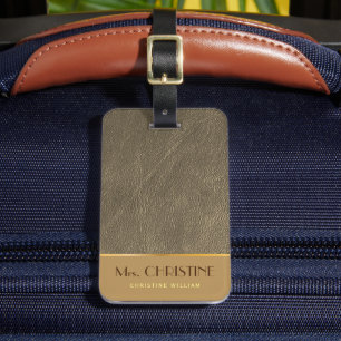 Etiqueta De Bagagem Elegante Chic couro dourado marrom nome personaliz