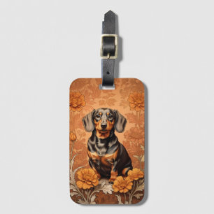 Etiqueta De Bagagem Elegante Dachshund E Marigolds