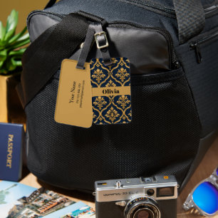 Etiqueta De Bagagem Elegante Design de Motivo Vintage em Damasco Doura