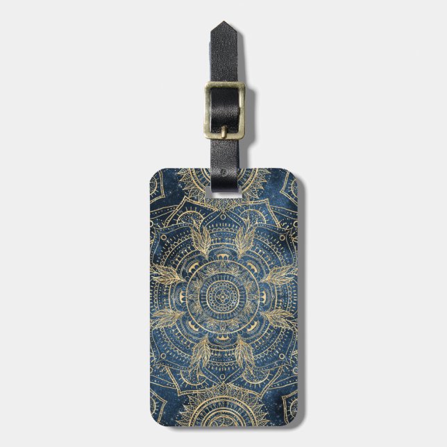 Etiqueta De Bagagem Elegante Dourado Mandala Blue Whimsy Design (Frente Vertical)