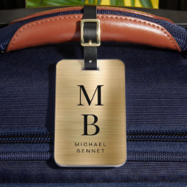 Etiqueta De Bagagem Elegante Dourado Monogramado Metálico Brilhante
