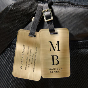 Etiqueta De Bagagem Elegante Dourado Monogramado Metálico Brilhante