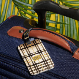 Etiqueta De Bagagem Elegante e Monograma de Xadrez Dourada