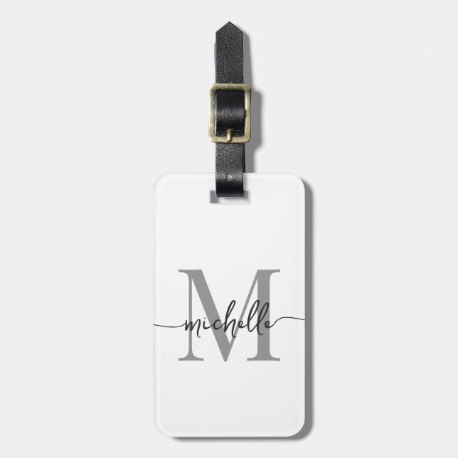 Etiqueta De Bagagem Elegante Estilo Branco Cinza Monograma Inicial Scr (Frente Vertical)