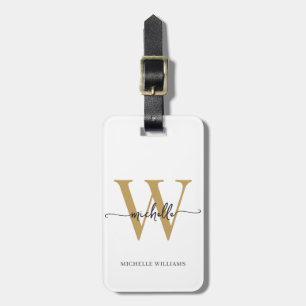 Etiqueta De Bagagem Elegante Estilo Inicial de Monograma de Ouro Branc