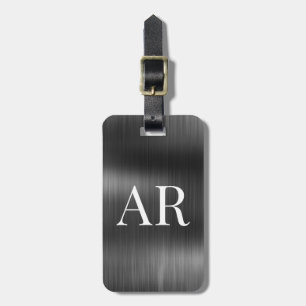Etiqueta De Bagagem Elegante Estilo Monograma Inicial Preto Metal 2 
