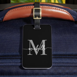 Etiqueta De Bagagem Elegante Estilo Preto Cinza Monograma Inicial Scri