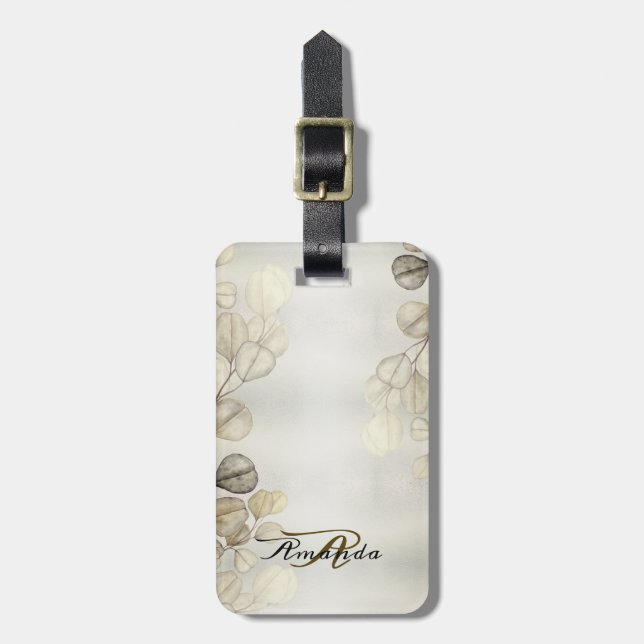 Etiqueta De Bagagem Elegante Eucalyptus Foliage Shiny Ouro de Aquarela (Frente Vertical)