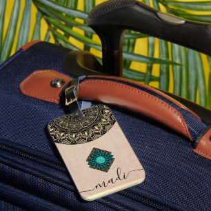 Etiqueta De Bagagem elegante feminino preto bege redondo mandala nome