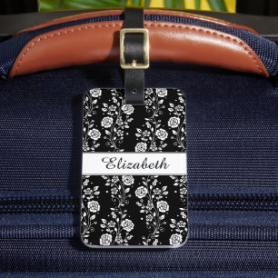 Etiqueta De Bagagem Elegante Floral Preto E Branco
