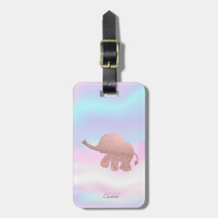 Etiqueta De Bagagem Elegante Glitter de Ouro Rosa Elefante Holográfico