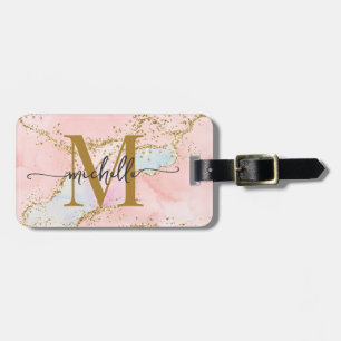 Etiqueta De Bagagem Elegante Inicial de Monograma em Ágata Rosa Blush 