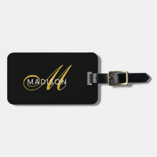 Etiqueta De Bagagem Elegante Inicial de Monograma em Ouro Preto Script