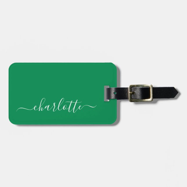 Etiqueta De Bagagem Elegante Kelly Green Script Name Personalizado (Frente Horizontal)