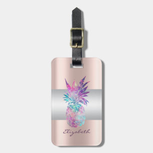 Etiqueta De Bagagem Elegante Listra Feminina, Abacaxi Dourado Rosa