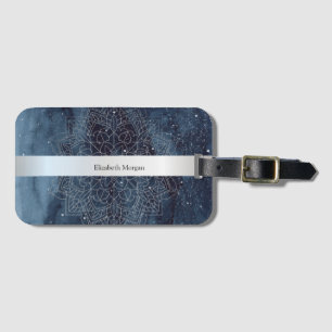 Etiqueta De Bagagem Elegante Mandala Prateado Moderno com Faixa Azul-M