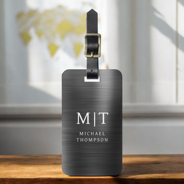 Etiqueta De Bagagem Elegante Metálico Bruto Monograma Preto (Criador carregado)