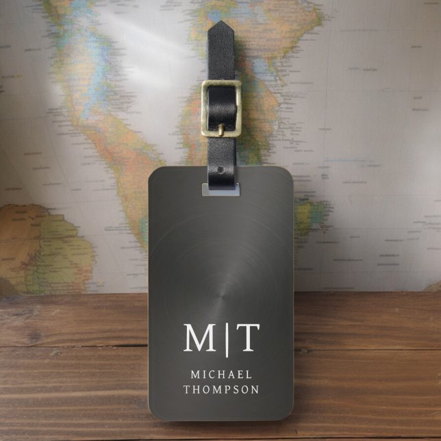 Etiqueta De Bagagem Elegante Metálico Bruto Monograma Preto (Criador carregado)