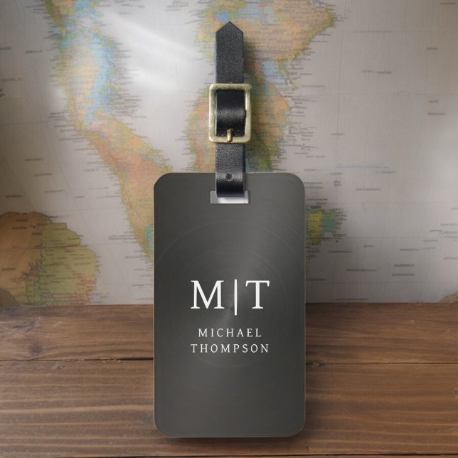 Etiqueta De Bagagem Elegante Metálico Bruto Monograma Preto (Criador carregado)
