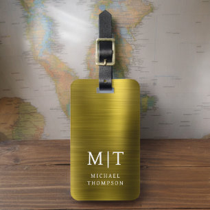 Etiqueta De Bagagem Elegante Metálico Dourado com Monograma Brutado