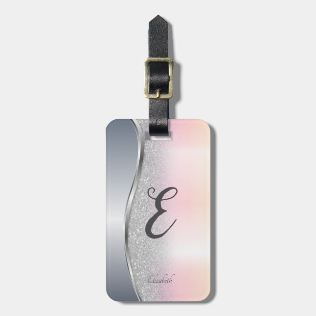 Etiqueta De Bagagem Elegante Modern Silver Glitter Bokeh, Monograma (Frente Vertical)
